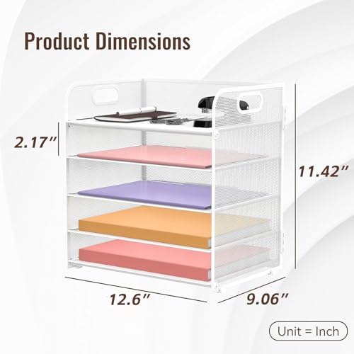Supeasy 5 Trays Paper Organizer Letter Tray with Handle-Mesh Desk File Holders, Paper Sorter Desk Organizer for Office, Home, Classroom or School, White - color: White