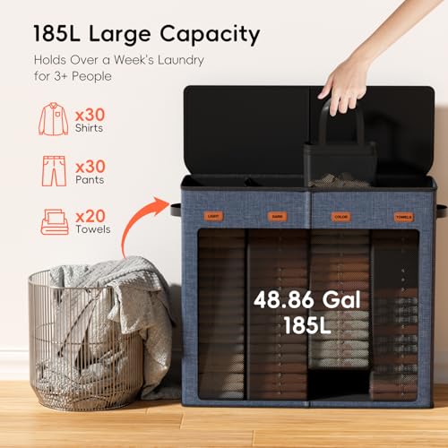 Laundry Hamper 4-Section with Lid, 185L Laundry Sorter with 4 Removable Bags + 1 Extra Large Bag, Switchable 3/4 Compartment, Laundry Basket Organizer for Bedroom, Laundry Room，Navy Bule - color: Navy Bule, size: 185L - 4 Section