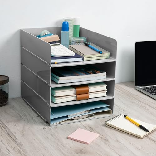 Tiawudi Desk Organizer, Office Organization and Storage, Plastic Letter Tray, Stackable File Organizer for Classroom, Home, Documents, Notes, Folders, Books and Pens, 4 Tier - color: Gray