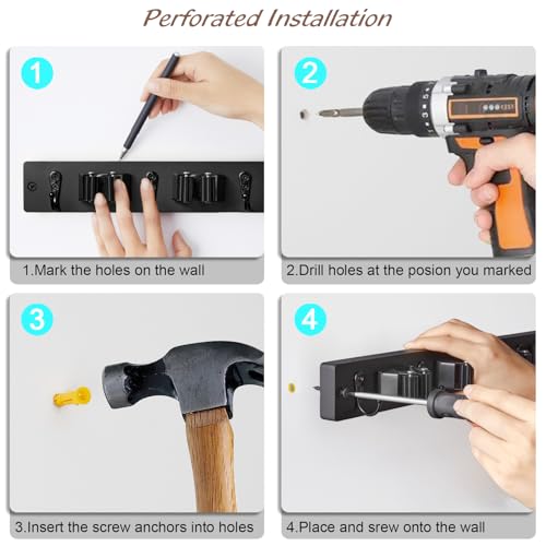 OUTNILI Black Mop Broom Holder Wall Mount with 3 Slots & 4 Hooks - Wood Broom Mop Hanger for Pantry Kitchen Organization - Garden Tool Organizer for Closet Laundry Room