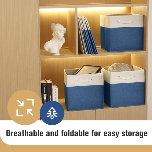 FinishingBo 13 x 13 Inch Fine Linen Storage Bins with Handles，Fabric Cube Boxs，Basket Organizers for Shelves for Home, Closet Drawers (White/Blue-4 Pack) - color: White/Blue-4 Pack