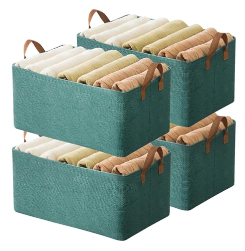 AARAINBOW 4 Pcs Closet Clothes Organizer with Handle, Fabric storage Box with Steel Frame Stackable Shelf Storage Baskets Foldable Storage Baskets for Organizing Clothes Jeans, 23L (4 Green) - color: 4 Green