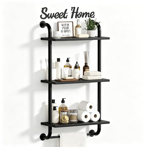Tinpin Bathroom Shelves Wall Mounted, Rustic Farmhouse Pipe Shelves, Walls Shelf 3-Tier, Industrial Pipe Shelving, Floating Shelf Wall Decor for Bathroom, Kitchen, Bedroom, Living Room 17.3in Black - color: Black, size: 3 tier