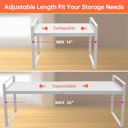Expandable Cabinet Shelf Organizer Rack 9 inch, Pantry Organizer Lengthen from 14” to 25” ， Large Kitchen Cabinet Storage Shelf Rack， Storage Organizer white，Spice Rack Expandable Shelves, - color: 9" wide ( 1 PACK)