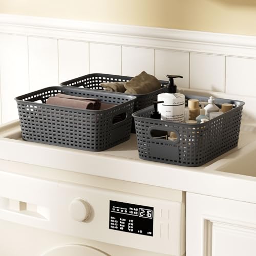 6Pcs Storage Bins with Lids, Stackable Plastic Storage Basket with Bamboo Lid, Pantry Organizer Box Small Containers for Organizing Shelves Drawer Desktop Closet Cabinet Office Classroom 10x7.1x4.1in - color: Gray