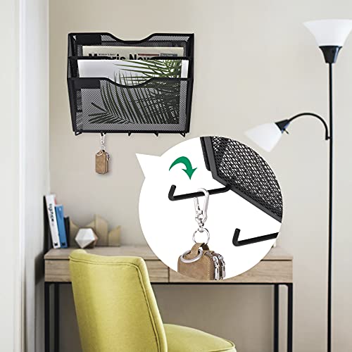 EASEPRES 3 Pocket Mesh Hanging File Organizer with Key Holder Hooks & Nametag Label, Wall Mounted Mail Paper Document Folder Clipboard Storage Organization Magazine Rack for Office Cubicle, Black - color: Black, size: 3 Tier & Key Holder