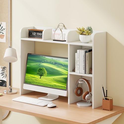 Tangkula Desktop Bookshelf, Countertop Storage Hutch with 5 Shelves for Computer Desk, Desk 3-Tier Display Rack, Multipurpose Wood Desktop Hutch Storage Organizer for Dorm Office Home - color: White, size: 5 Shelves