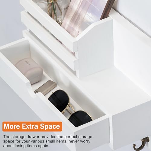 dreampossible Key and Mail Holder for Wall, Mail Organizer Wall Mount with 6 Hooks and Storage Drawer, Wooden Key Rack Hanger with Shelf for Entryway and Home Decor - color: White, size: Standard(11.6''x7.9'')