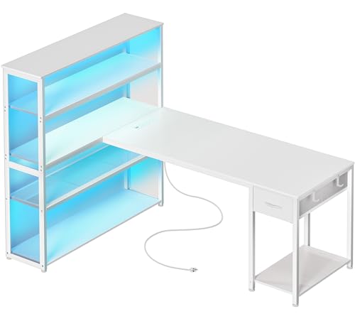 PRAISUN 57 Inch L Shaped Gaming Computer Desk with Larger Open Cabinet, Reverisble Office Desk with Power Outlets, LED Lights, Work Desk, Fabric Drawer, Adjustable Wood and Mesh Shelf, White - color: White
