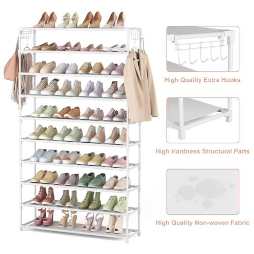 LANTEFUL 10 Tiers Shoe Rack 50 Pairs Large Capacity Tall Shoe Organizer Sturdy Shoe Storage with Two Hooks Space Saving Metal Wide Shoe Rack for Closet, Entryway, Bedroom, White - color: White, size: 10 Tier-61.2" High-34" Wide