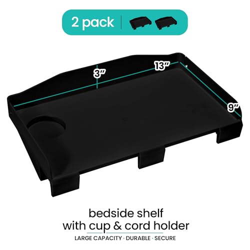Modern Innovations 2 Count Bedside Organizer for Bed – Clip On Tray with Cup & Cord Holder – for College Dorm, Top Bunk, or Kids Bedroom (Black) - color: Black
