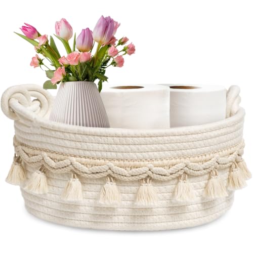 CSC - Toilet Paper Basket, Bathroom organizer, woven rope basket, Tank Top Small Baskets, tank topper, White