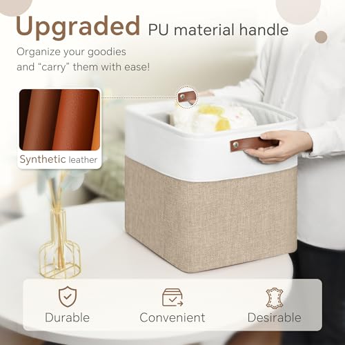 FinishingBo Cube Storage Baskets 6 Pack, 11x11 inch Cube Storage Bins with Leather Handles for Shelf Closet (White/ Khaki) - color: White/ Khaki