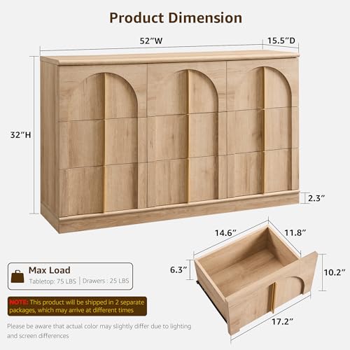 ACCOHOHO Arched Dresser for Bedroom with 9 Drawers, 52" Wide Modern Chest of Drawers with Rounded Edge & Metal Handles, Wood Storage Closet Dressers TV Stand for Living Room, Hallway, Natural Oak - color: Natural Oak, size: 15.6"D x 52"W x 32"H (9 Drawers