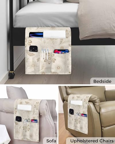 Sofa Armrest Organizer Bedside Caddy, Vintage Brown Floral Non Slip Couch Remote Control Holder for Recliner, Rustic Abstract Flower Burlap Arm Chair Caddy with Pocket for Magazine Phone, 13"x35" - color: Khaki, size: 13x35 in
