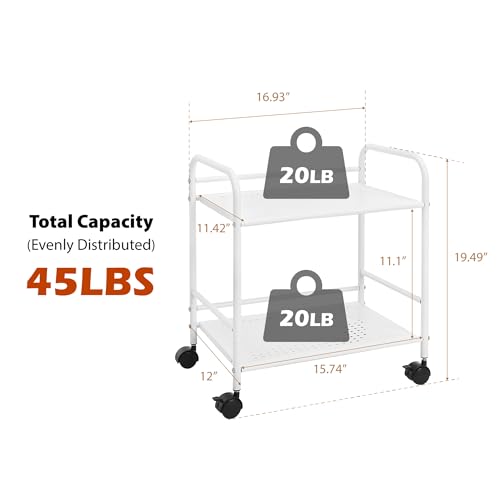 SunnyPoint 2-Tier Metal Rolling Utility Cart – Mobile Storage Shelf with Caster Wheels – Small Space Organizer for Home, Office, Bedroom, Kitchen (WHT) (Pack of 2) - color: Wht, size: 12" x 16.93" x 19.49" (Pack of 2)