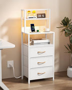Furnulem Night Stand, White Bedside Nightstand with 4-Tier Shelves and 3 Fabric Drawers, LED Bed Side Tables with Charging Station, Tall Dresser for Bedroom, Hallway, Office - color: White, size: 3 Drawer