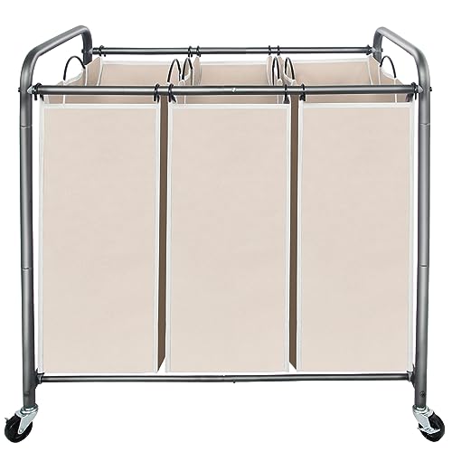 STO STO Laundry Sorter 3 Section, 3 Bag Clothes Hamper, Rolling Laundry Cart Basket with Heavy Duty Lockable Wheels and Removable Bag for Laundry Room, Bedroom, Closet, Beige - color: Beige, size: 3-Section