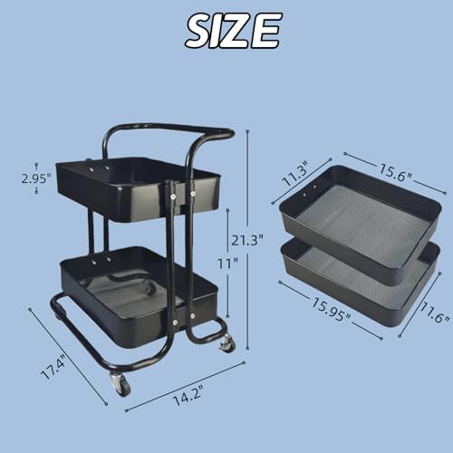 2 Tier Rolling Utility Cart with Wheels All-Metal Short Pantry Cart Under Desk Storage Trolley with Handle, Small Rolling Storage Shelf for Small Space Kitchen Laundry Room Bathroom, Black - color: C-black