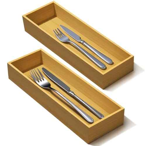 guiogc Bamboo Drawer Silverware Organizer, Silverware Tray, Flatware Organizer, Bamboo Storage Box Suitable for Office, Bathroom and other objects storage (9.85"x3.55"x1.78"- Set of 2) - size: 9.85" x 3.55" x 1.78"