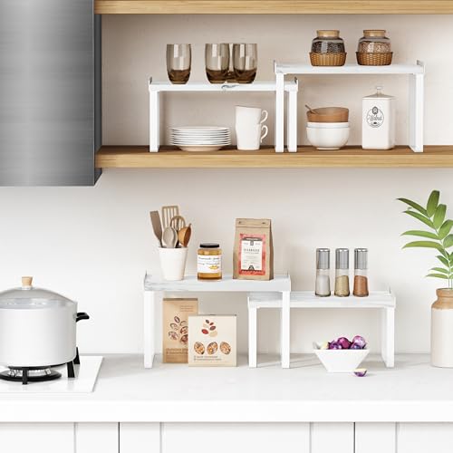 Goozii White Marble Kitchen Counter Shelf Organizer, Modern Dish Plate Organizer for Cabinet Space Saver, Small Wood Stackable 2 Tier Office Desktop Shelf Risers for Books Monitor - Set of 4 - color: White-Marble, size: Medium