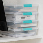 IRIS USA 6 Qt. Craft Storage Bins with Lids, 4-Pack, |Made in USA|, Clip Box, Small Plastic Sensory Bin Tote Organizer Containers for Art Supplies, Paper, & Office, Stackable - Clear/Seafoam Blue - size: 6 Qt. - 4 Pack