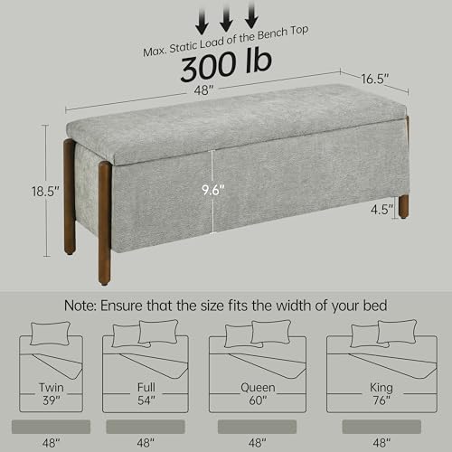 Usaint Wooden Storage Ottoman Bench, 47" Fabric Upholstered End of Storage Bench with Rubberwood Legs, Entryway Bench with Storage for Bedroom, Living Room, Reception, Cloakroom, Grey - color: Grey