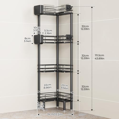 Orimade Rustproof 4 Tier Floor Standing Corner Shower Caddy Organizer with Toothbrush Holder, Large Spacing Floor Shower Shelf Rack Storage Stands with Hooks for Bathroom Kitchen, Black - color: Black, size: 4 Tier