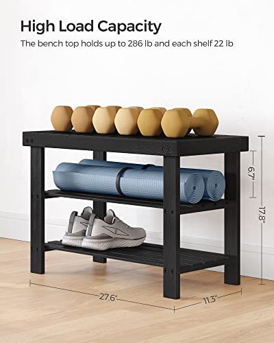 SONGMICS Shoe Rack Bench, 3-Tier Bamboo Shoe Storage Organizer, Entryway Bench, Holds Up to 286 lb, 11.3 x 27.6 x 17.8 Inches, for Entryway Bathroom Bedroom, Ink Black ULBS04H - color: Ink Black, size: 27.6"W