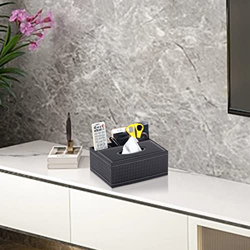 Tissue Box Cover Rectangle Black Tissue Box Holder PU Leather Facial Tissue Organizer,Multifunctional Remote Control Stationery Storage Box,Home Office Supplies Car Napkin Caddy - color: Multifunctional Tissue Box-black Weave