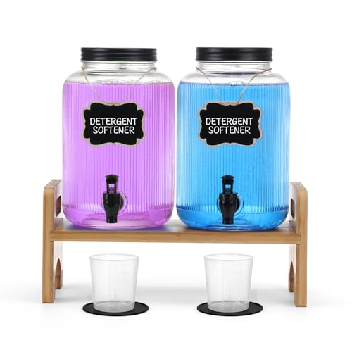 2-Pack Laundry Detergent Dispenser with Bamboo Stand，1 Gallon Laundry Soap Dispenser with Measuring Cup，Glass Laundry Detergent Containr for Laundry Room Organization and Storage