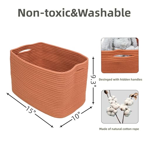 Cotton Rope storage Basket Bins Woven Basket for Organizing Shelves 15X10X9.3" Rectangle Decorative Baskets For storage Clothes Toys Books Towels Nursery basket organizer 3 pack Rust - color: Rust
