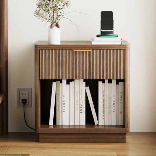Fluted Nightstand with Charging Station, 22.8Inch Wide Bedside Table End Table with Drawer, Curved Corners, Modern Bedside Table for Bedroom, Living Room, Sofa, Walnut - color: Rectangle - Walnut