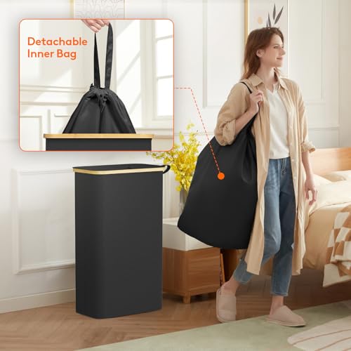 Lifewit 75L Slim Laundry Hamper with Lid, Narrow Laundry Basket with Removable Bag & Bamboo Handles, Fodable Thin Dirty Clothes Hamper for Laundry Collapsible Bin for Bathroom Bedroom Dorm, Black - color: Black, size: 75L