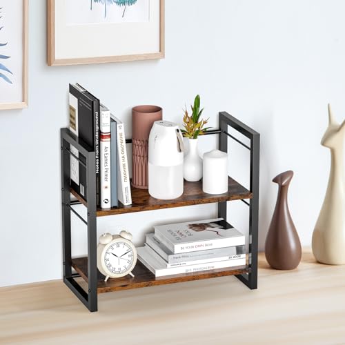 Office Desk Shelf Organizer, Wood Desktop Bookshelf Supplies Storage Rack, Shelf for Top of Desk and Dresser (Brown-2 Tier) - color: Brown