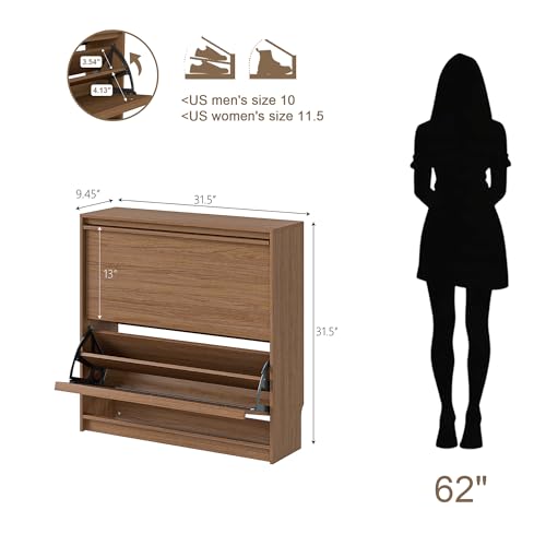 Shoe Cabinet with 2 Flip Drawers, Modern Narrow Shoe Storage Cabinet Organizer with Adjustable Shelf, Hidden Freestanding Shoe Rack for Entryway, Hallway, Living Room, Walnut - color: Walnut, size: 9.45"D x 31.5"W x 31.5"H(2 drawers)