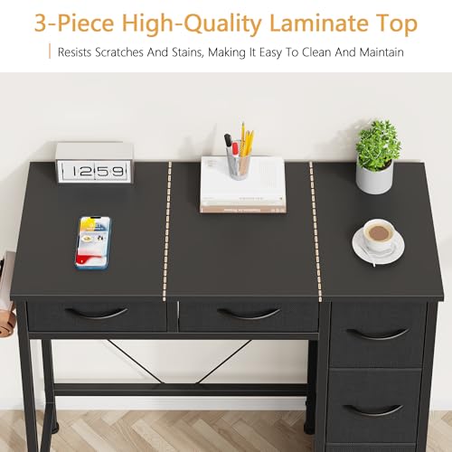 HIGDBFE Small Desk with 5 Fabric Drawers, 33 Inch Writing Desk for Home Office, Simple PC Desks for Small Place, Kids Girls Teen Study Table Vanity for Bedroom, Dorm, Black, 14" D - color: Black