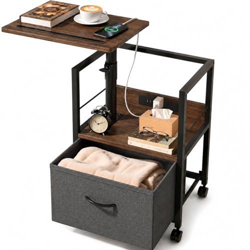 Faesun Swivel Lift Top Nightstand with Charging Station, Rolling Side Table for Recliner, Bedside Table with Wheels & a Fabric Drawer, for Small Spaces, for Bedroom, Living Room, Walnut Gray - color: Walnut Gray, size: 1 Drawer