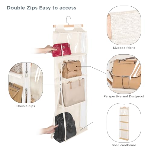 Syeeiex Over The Door Purse Organizer with Zippers, 4 Mesh Shelves,Clear Slubbed Fabric+PVC Hanging Closet Bag Organizer, Dustproof Handbag Closet Tote Storage Bag for Door, Wardrobe, Beige - color: Beige-4 Shelves