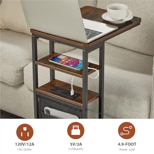 C Shaped End Table with Charging Station, 28"(H) 3-Tier C Table with Storage Bag, Under Couch Table C-Shaped End Table with Storage Shelves and Bag for Living Room, Bedroom, or Office - color: Rustic Brown, size: Wood--with Socket