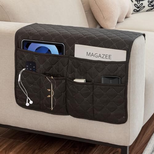 Sofa Armrest Organizer Waterproof Armchair Caddy for Couch Remote Control Holder for Recliner Non Slip Recliner Caddy with 6 Pockets for Magazine, Tablet, Phone, iPad, Black - color: Black