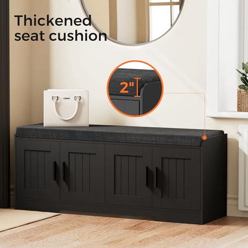 Homleke 2-Tier Storage Bench, Shoe Bench with Thickened Padded Seat Cushion, Entryway Bench with 4 Doors, Adjustable Shelf, 13.8" D x 45.3" W x 18.5" H, for Entryway, Living Room, Bedroom, Black - color: Black, size: 45.3"