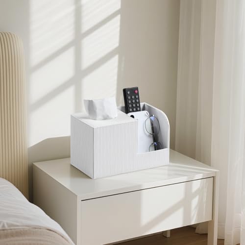 Square Tissue Box Cover with 2 Compartments Storage Organizer, PU Leather Tissue Box Holder with Remote Control Holder for Livingroom Nightstand, Multifunctional Cube Tissue Holder (White) - color: White