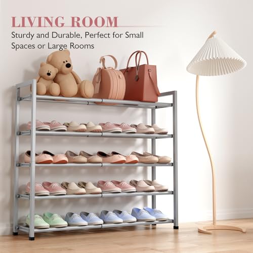 Bumusty 5-Tier Expandable Shoe Rack for Closet, 18“-33” Adjustable Shoe Rack for Small Space, Small Shoe Organizer for Front Door, Sturdy Metal, Light Grey - color: Light Grey, size: 5-Tier