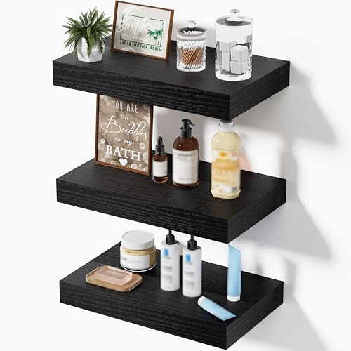 Floating Shelves for Wall, Bathroom Shelves Over Toilet, Wall Shelves & Book Shelf for Room, Hanging Shelf, Modern Wooden Wall-Mounted Small Floating Shelves, 12x7x1.5 in (Black, Set of 3) - color: Black, size: 12"(set of 3)