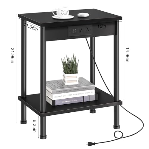 YUFAM End Table with Charging Station,Small Side Table,2-Tier Nightstand with Storage Shelf,Sofa Bedside Table for Small Spaces in Living Room,Bedroom,Office,Easy Assembly,Black - color: Black, style: 2pcs With Plug