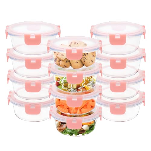 GULFLIN 12 Pack 13oz Small Glass Food Storage Containers with Lids Airtight, Leak-Proof Round Meal Prep Containers Set, Freezer to Microwave Safe, Dishwasher Safe - color: 13oz,Same Size - 12 Pack,Pink Set