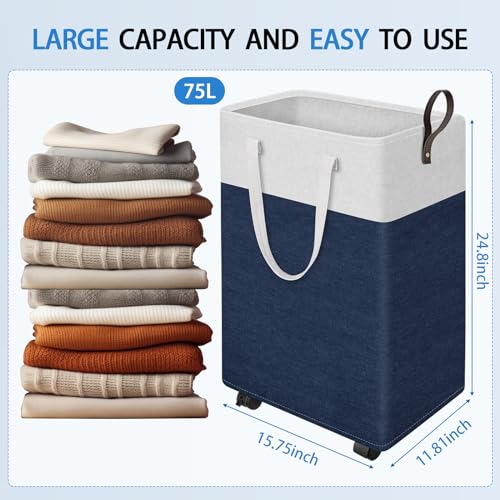 HomeHacks 75L Rolling Laundry Basket with Wheels, Collapsible & Waterproof Laundry Hamper, Mobile Clothes Hamper, Storage Laundry Bins with Handles for Laundry Room, Bedroom, Bathroom & Dorm, Blue - color: Blue, size: 75L
