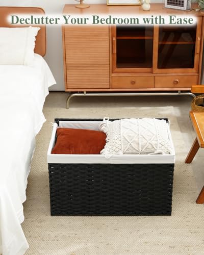SETVSON Storage Basket with Lid Wicker Baskets for Storage with 2 Separate Lid 42.3 Gallon (160 L) 29.9 x 17.3 x 18.1 Inches Rattan Woven Large Wicker Basket with 2 Liners for Bedroom Laundry Black - color: Black, size: 160L-29.9L*17.3W*18.1H