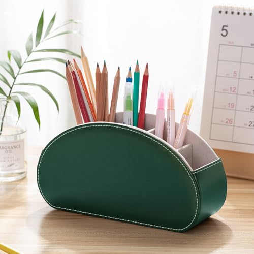 Remote Control Holders Organizer Box with 5 Compartment PU Leather Multi-functional Office Desk Storage Caddy Store Tv Remote for Media Player,Brush,Pencil,Glassees&Office Supplies (Dark Green) - color: Dark Green, size: S